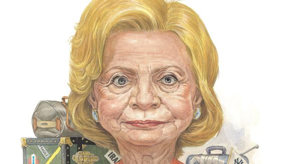 Illustration on Hillary Clinton&#39;s historical/political baggage by Alexander Hunter/The Washington Times